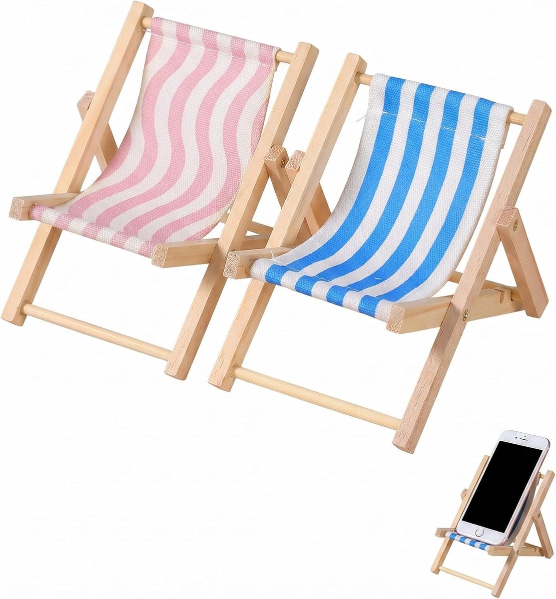 Miniatuur strandstoel set van 2, opvouwbaar en stevig, ideaal voor diorama's, modelbouw en micro landschapdecoratie in roze en blauw