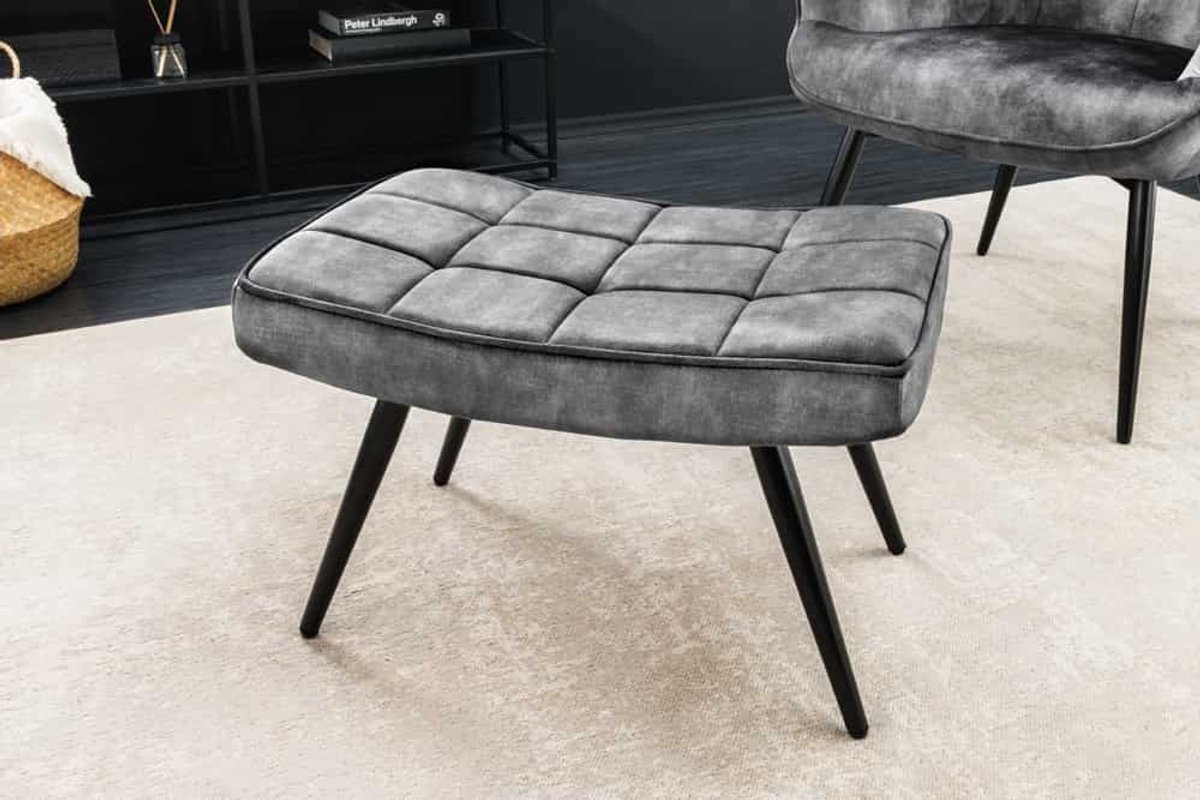 Moderne kruk SCANDINAVIA grijs fluweel zwarte metalen poten voetenbank - 44026