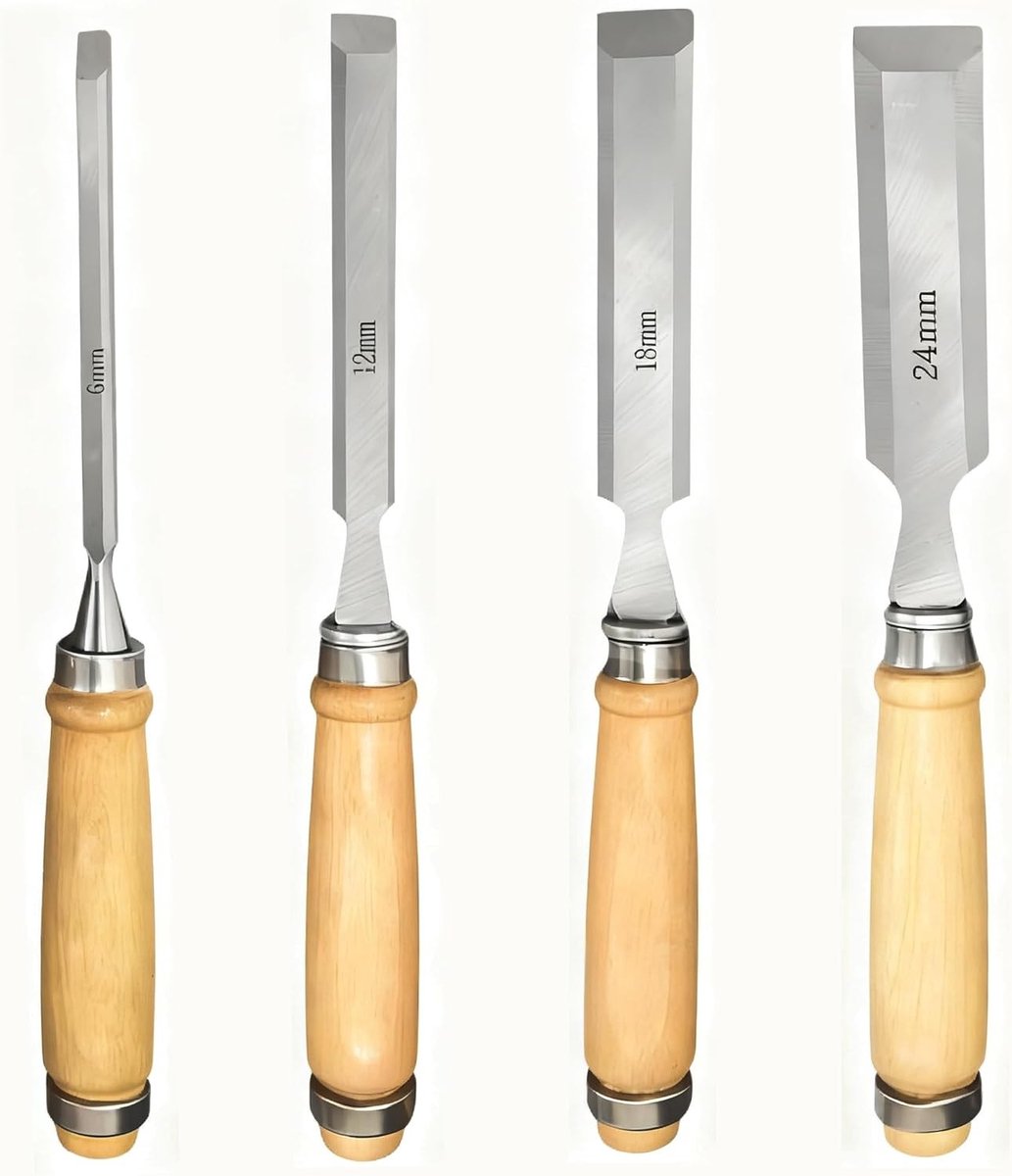 4-delige Houtbeitelset voor Houtbewerking - Carbon Staal, Halfronde Rand, Houten Handvat, 6mm/12mm/18mm/24mm Beitels
