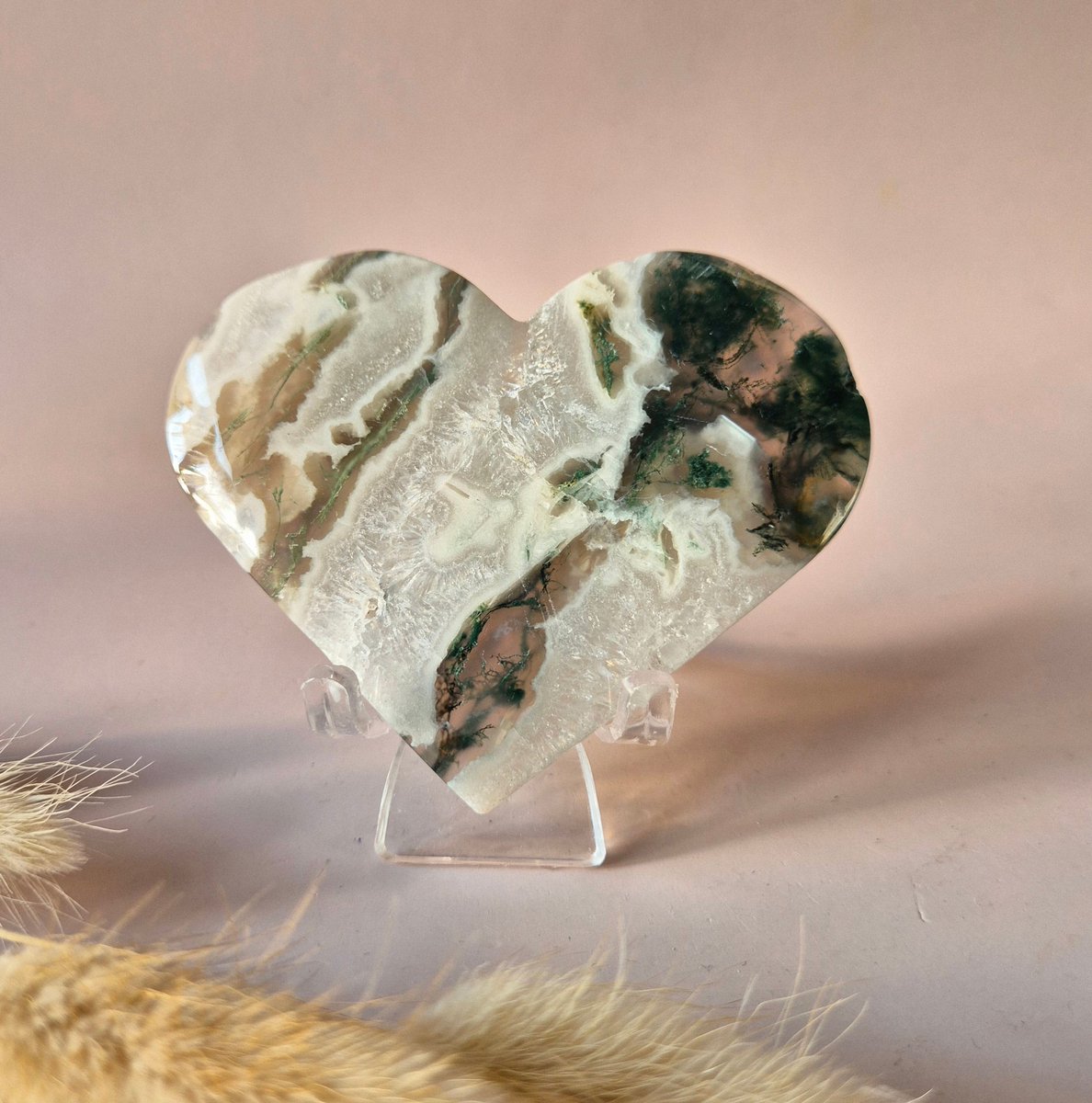 Edelsteen Druzy Mosagaat Hart op Metalen Standaard – #123 130-150gram
