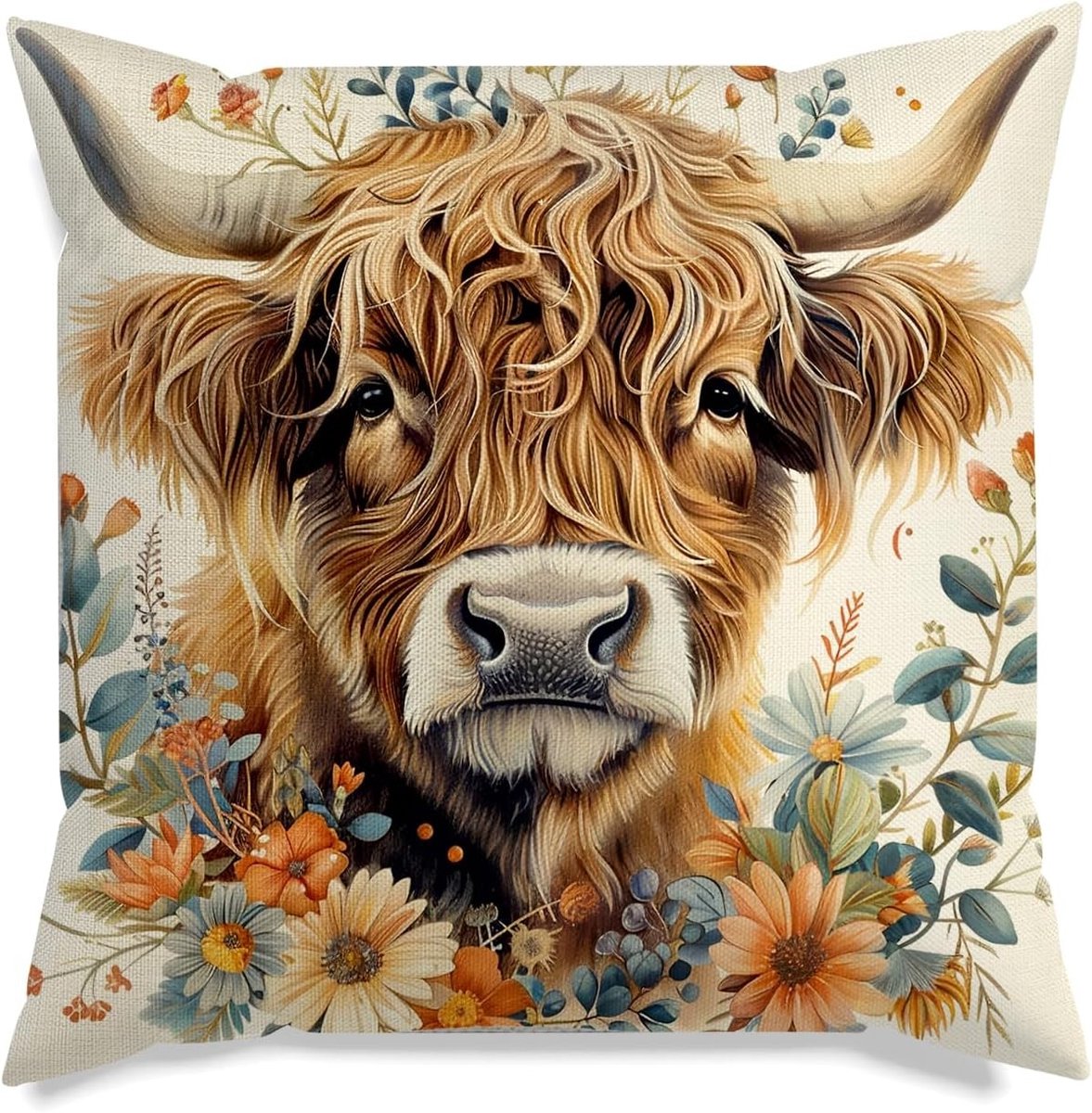 Kussen met Hoogland Rund Motief, Schotse Decoratie, Perfect als Cadeau voor Vrouwen, 18"x18" (45x45cm), Ideaal voor Woonkamer en Tuin
