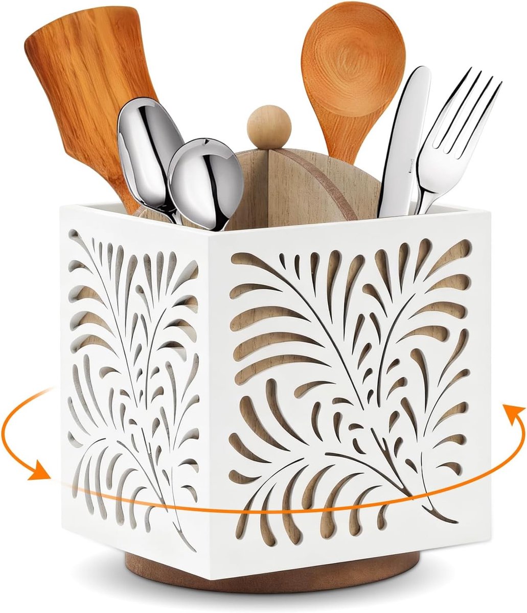 Houten Keukenorganisator voor Bestek, Draaibare Houder voor Keukengerei en Vorken, Praktische Keukenaccessoires voor Efficiënte Opberging