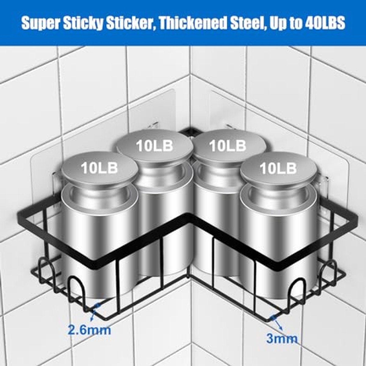 LoShop Doucheplank Zonder Boren - 3 Stuks Hoekdouche Caddy Zwart - Zelfklevend Hoekrek Badkamer Opslag - Douchemand Shampoohouder - Hoekdouchewagen 3-pack
