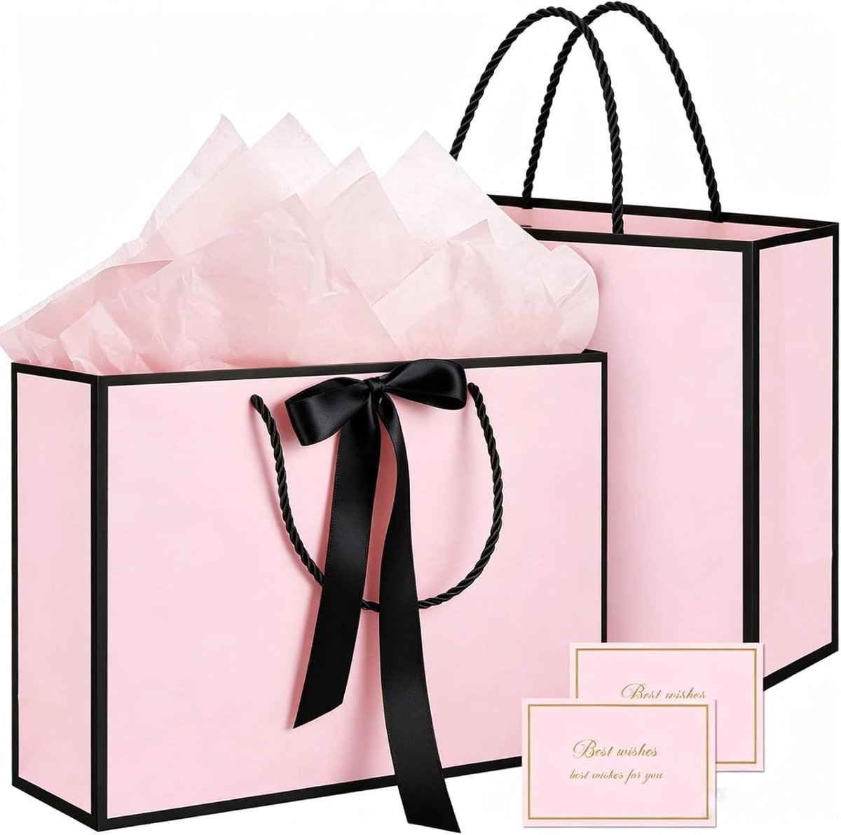 SnelShoppen - Set van 2 Medium Cadeautassen met Handvatten en Strik, Roze, inclusief Tissuepapier en Wenskaart voor Verjaardagen, Bruiloften en Feeste