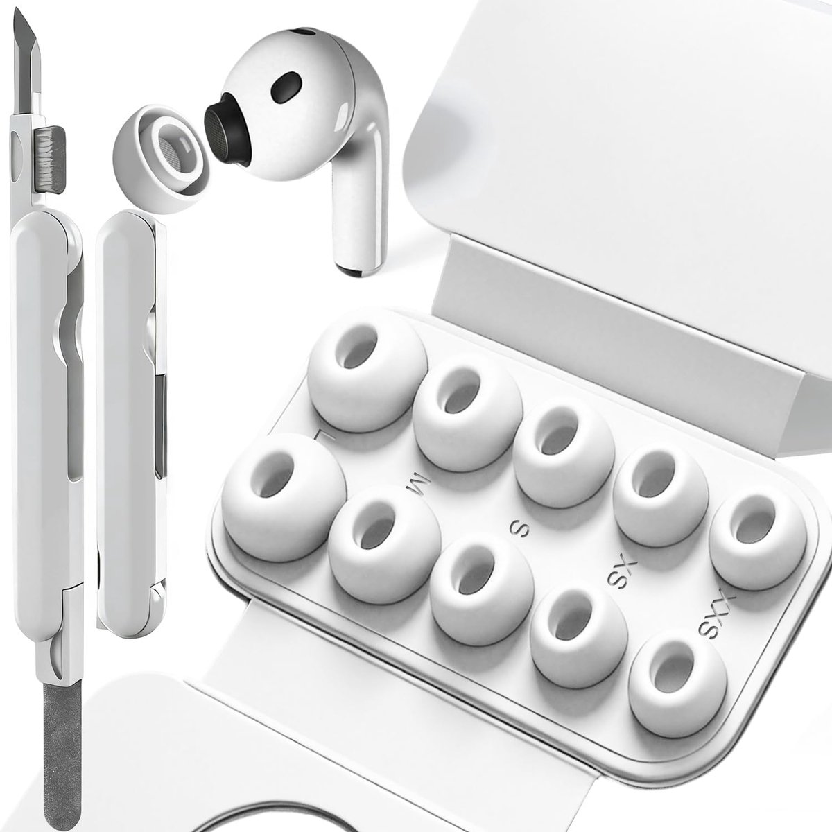 SnelShoppen - 5 Stuks Compatibele Oordopjes voor AirPods Pro 3 met Schoonmaakset en Opbergtas, Zacht Design, Pijnloos Draagcomfort en Stofbescherming