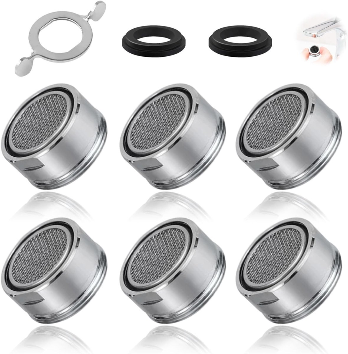 SnelShoppen - Faucet Set 6 Delige Keuken en Badkamer Kraanfilter met RVS Zeef, Inclusief Sealing en Sleutel voor M24 Draad
