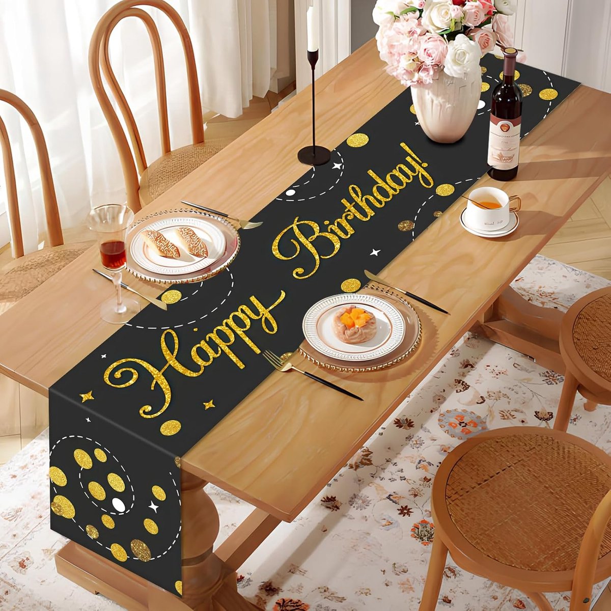 SnelShoppen - Table Runner Verjaardag Zwart Goud, Happy Birthday Tafelloper Goud 180x35 cm, Tafeldecoratie Verjaardag voor Jongens en Meisjes, Feestde