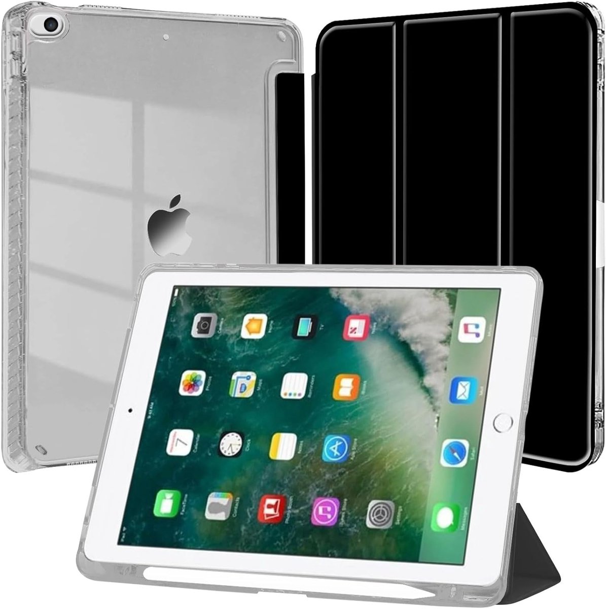 SnelShoppen - iPad 9.7 Inch (6th/5th Gen, 2018/2017) Case met Pencil Houder, Transparante Slim Shockproof Tablet Cover, Automatische Wake Up/Sleep Fun