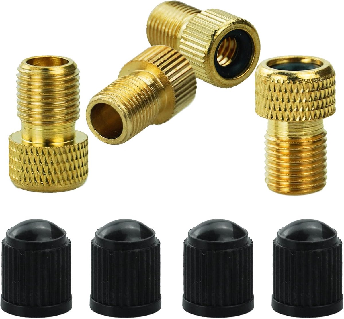 SnelShoppen - Brass Valve Adapter Set - 4 Stuks Presta naar Ventiel Adapters voor Fietsen - Lichtgewicht Messing, Inclusief 4 Ventieldoppen - Ideaal v