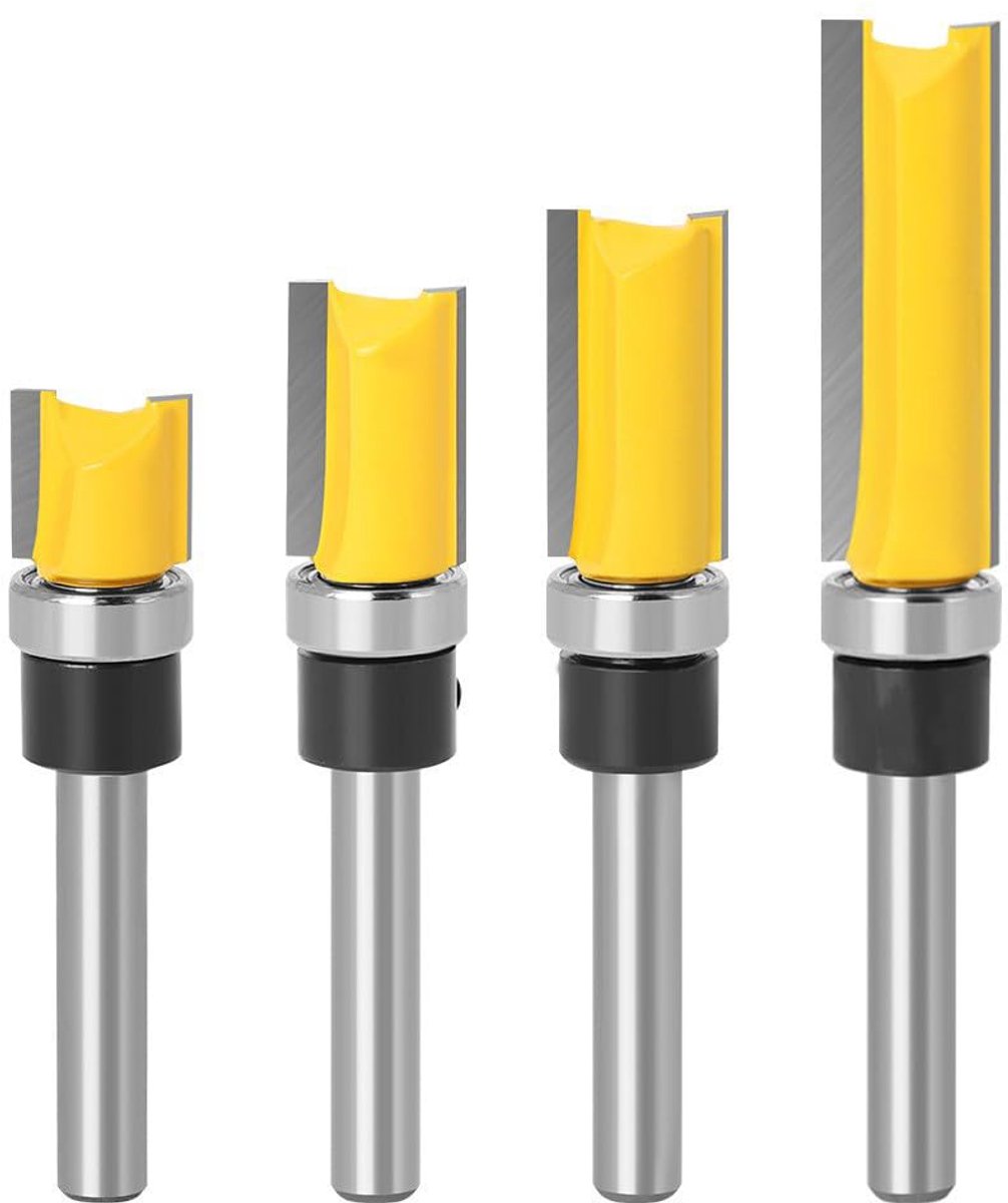 SnelShoppen - Set van 4 Professionele Houtbewerking Recht Snijders met 6.35mm Shank en Lager, Hoogwaardige Staallegering met Teflon Coating voor Decor