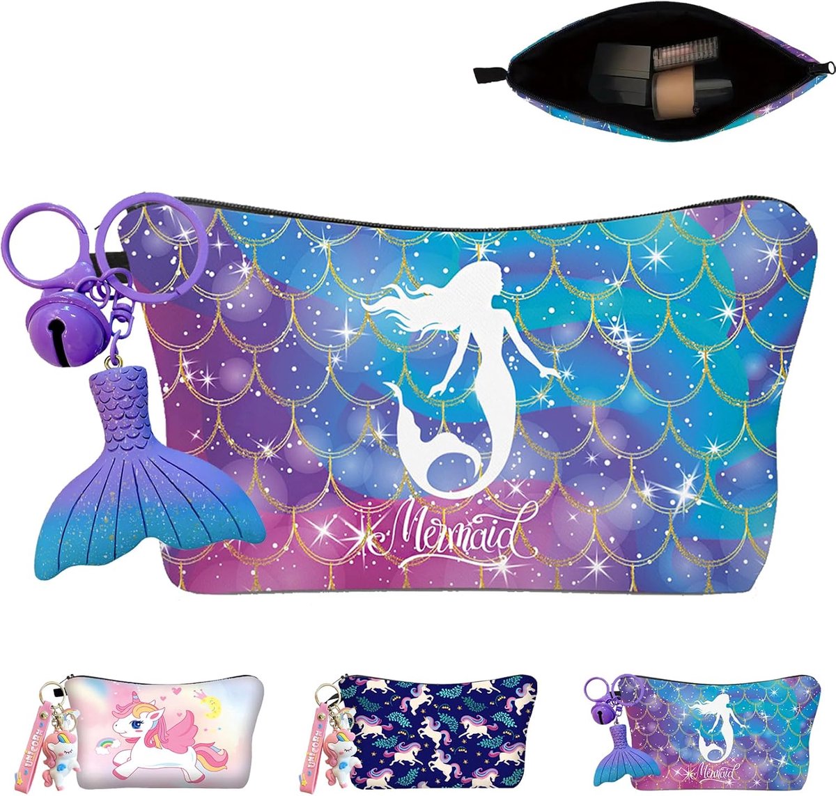 SnelShoppen - Makeup Bag Set voor Vrouwen - Cartoon Make-up Tas met Sleutelhanger - Mode Accessoires - Mermaids - Perfect voor Reizen, Feestjes en Dag