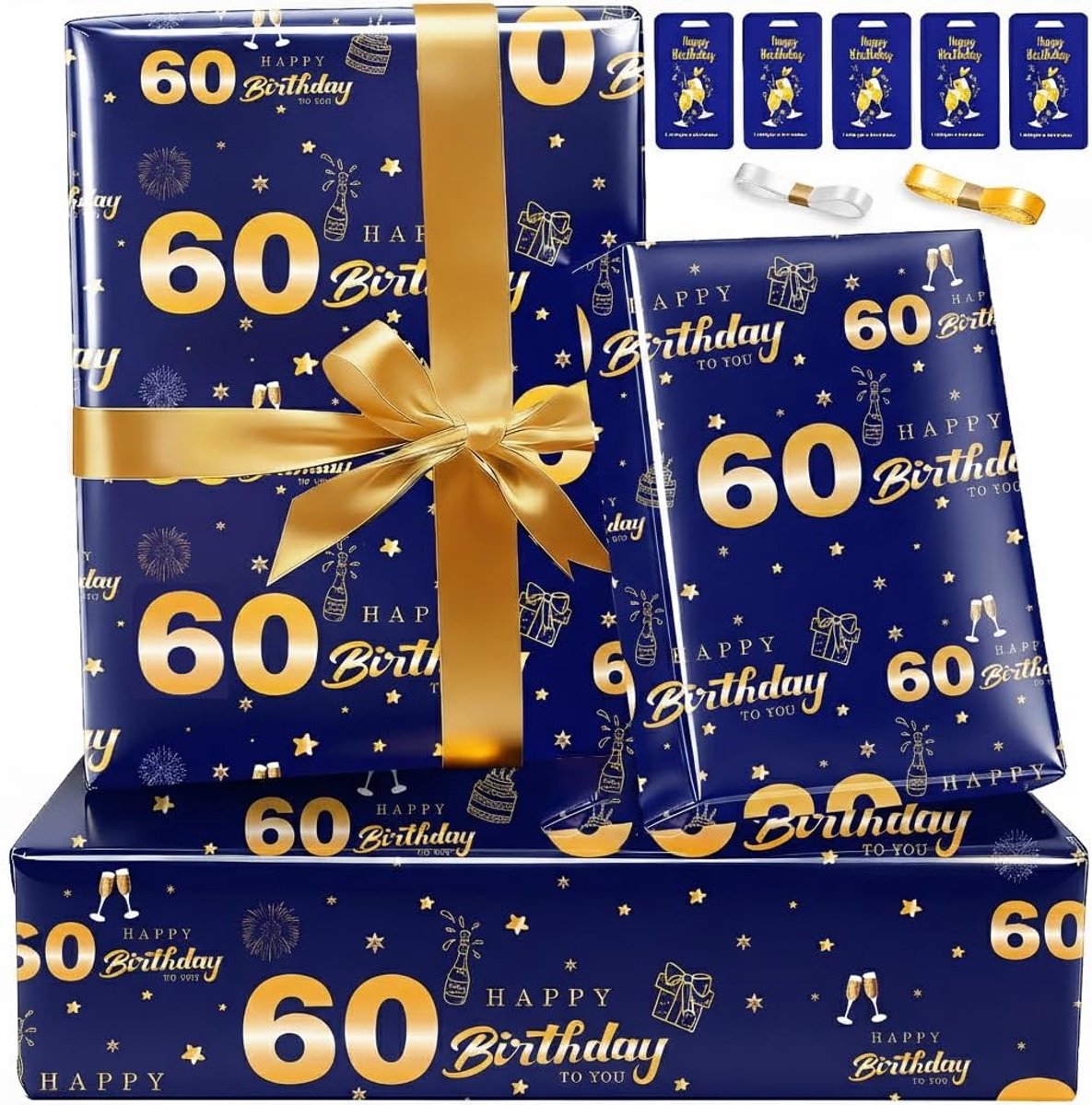 SnelShoppen - Dik Cadeaupapier Verjaardag Edel Blauw Goud, Set Inpakpapier voor 60e Verjaardag Mannen, Papa, Echtgenoot, Volwassenen, Geschenkverpakki