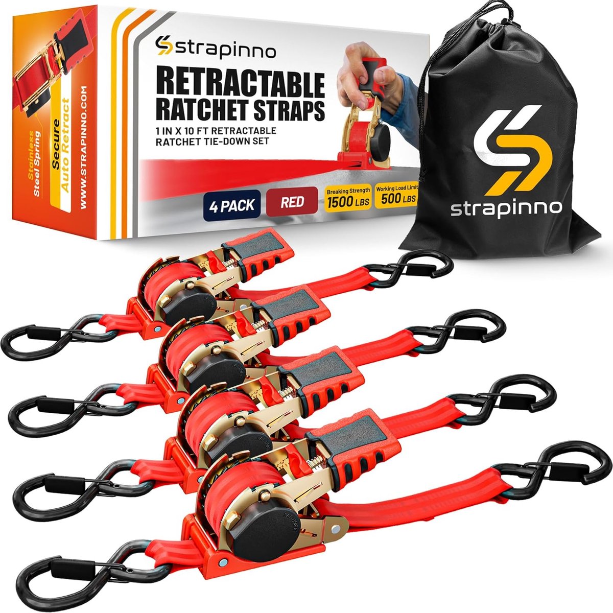 SnelShoppen - Tie Down Straps Bundle - 2x EZ Release en 2x Retractable Lashing Straps 2.5x305.8 cm - Rubberized Steel Handvatten - Duurzame S-Haken -