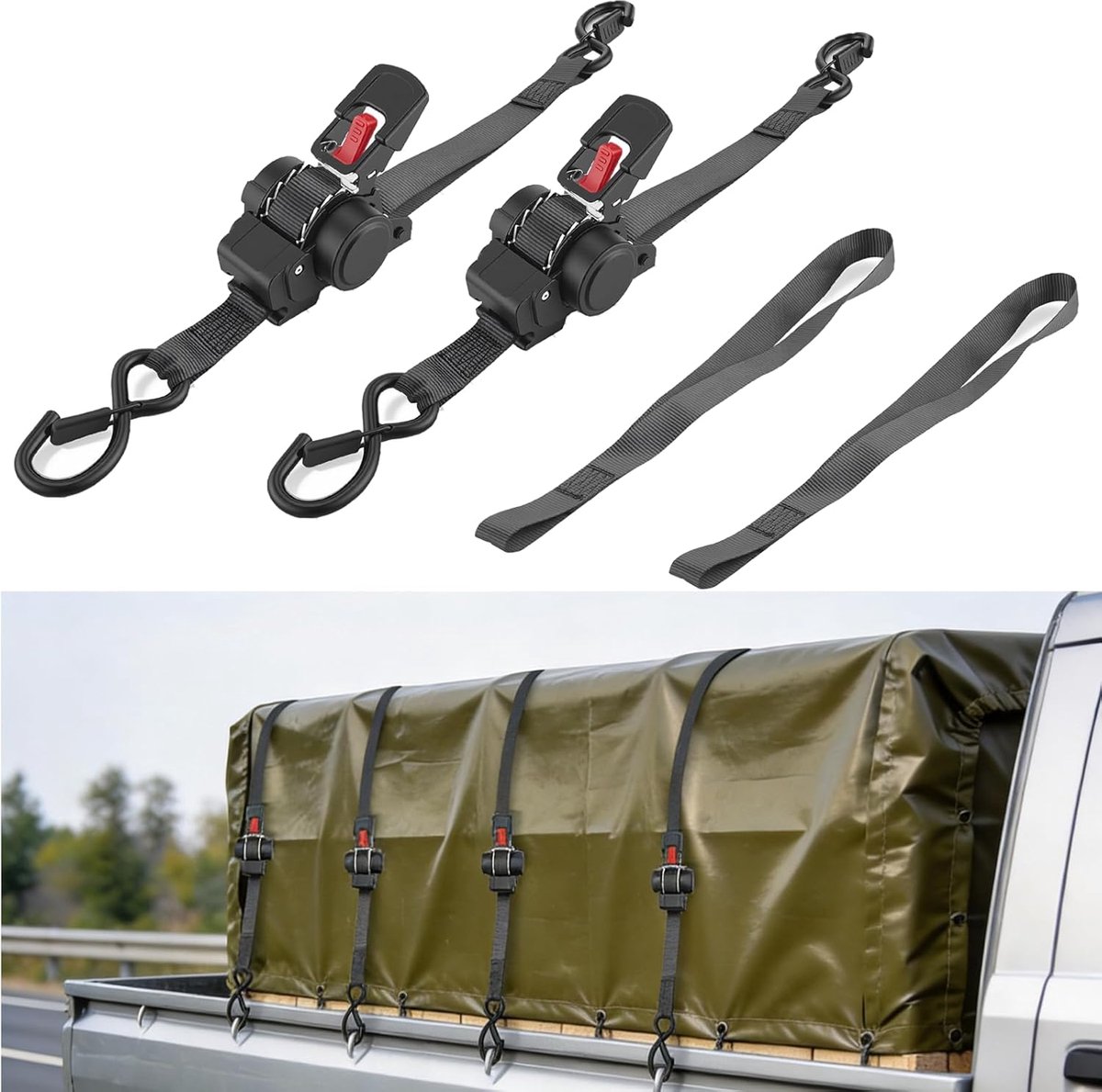 SnelShoppen - Automatische Ratchet Straps 3.5m x 25mm, 680kg, Retractable Met S-Haak, 2 Stuks Voor Trucks, Auto's, Trailers, Motorfietsen, Boten, Fiet