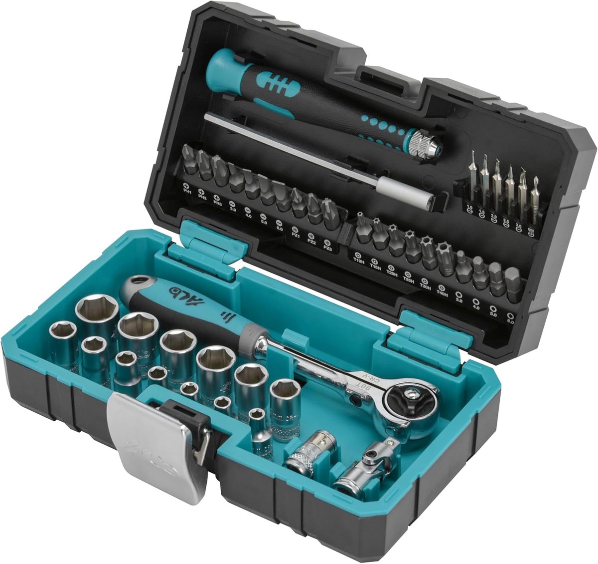 SnelShoppen - 44-delige 1/4 Inch Steeksleutelset met 90-Tands Zwenkratel, Precisieschroevendraaier & Bits Torx/PZ/PH/SL/HEX, Cr-V & S2 Staal, Ideaal v
