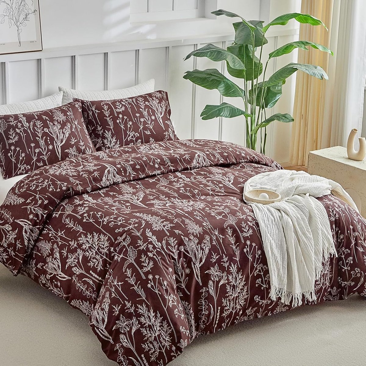 SnelShoppen - Dekbedovertrek 220x240 cm met 2 Kussenslopen 65x65 cm, Bloemmotief, Handgetekende Bedlinnen voor Volwassenen, 100% Microvezel, Bordeaux,