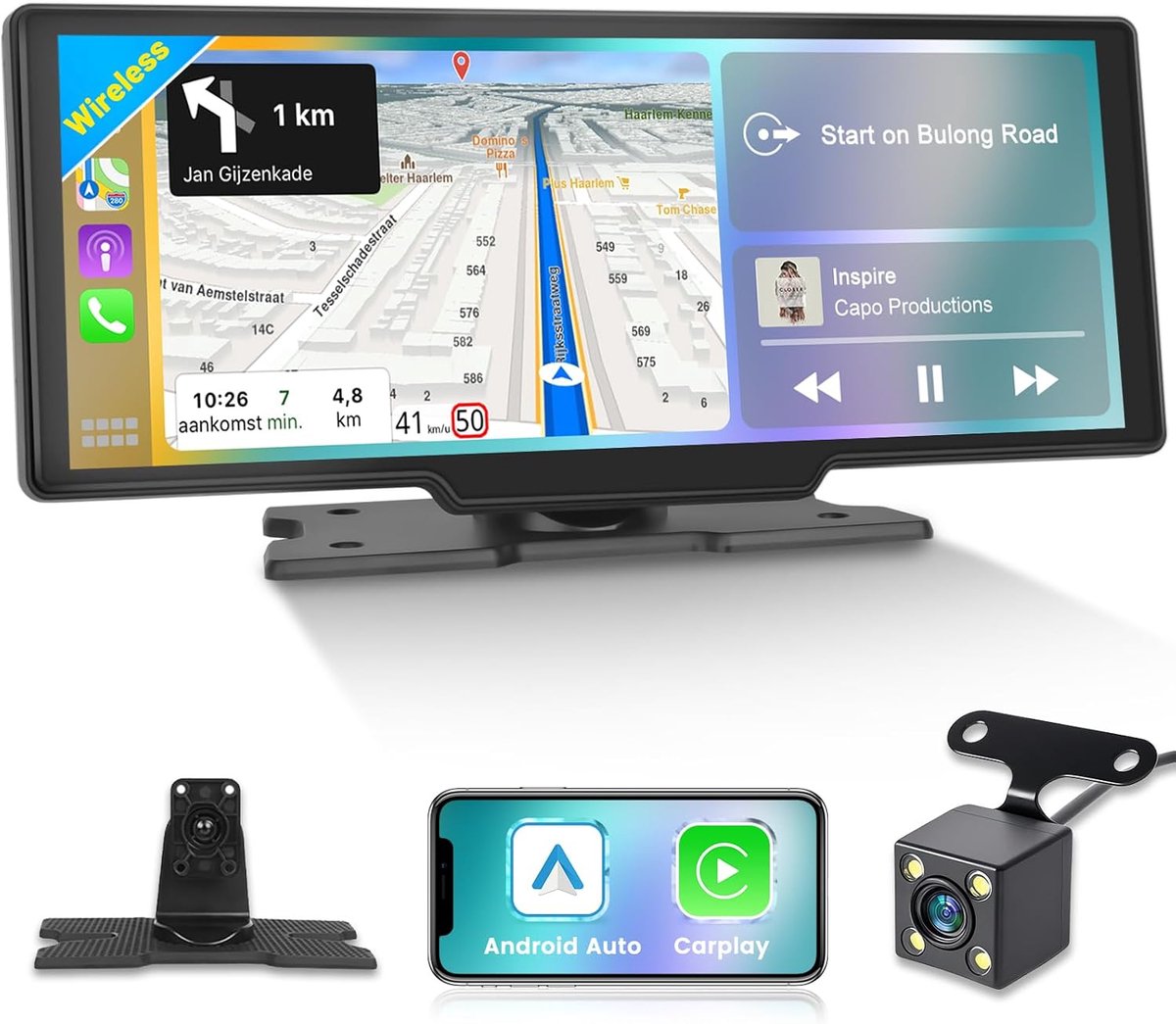 SnelShoppen - CarPlay Scherm voor Auto: Draadloze CarPlay & Android Auto, 10.26 inch Groot Scherm met FM Transmissie, GPS Navigatie, Bluetooth en Spra