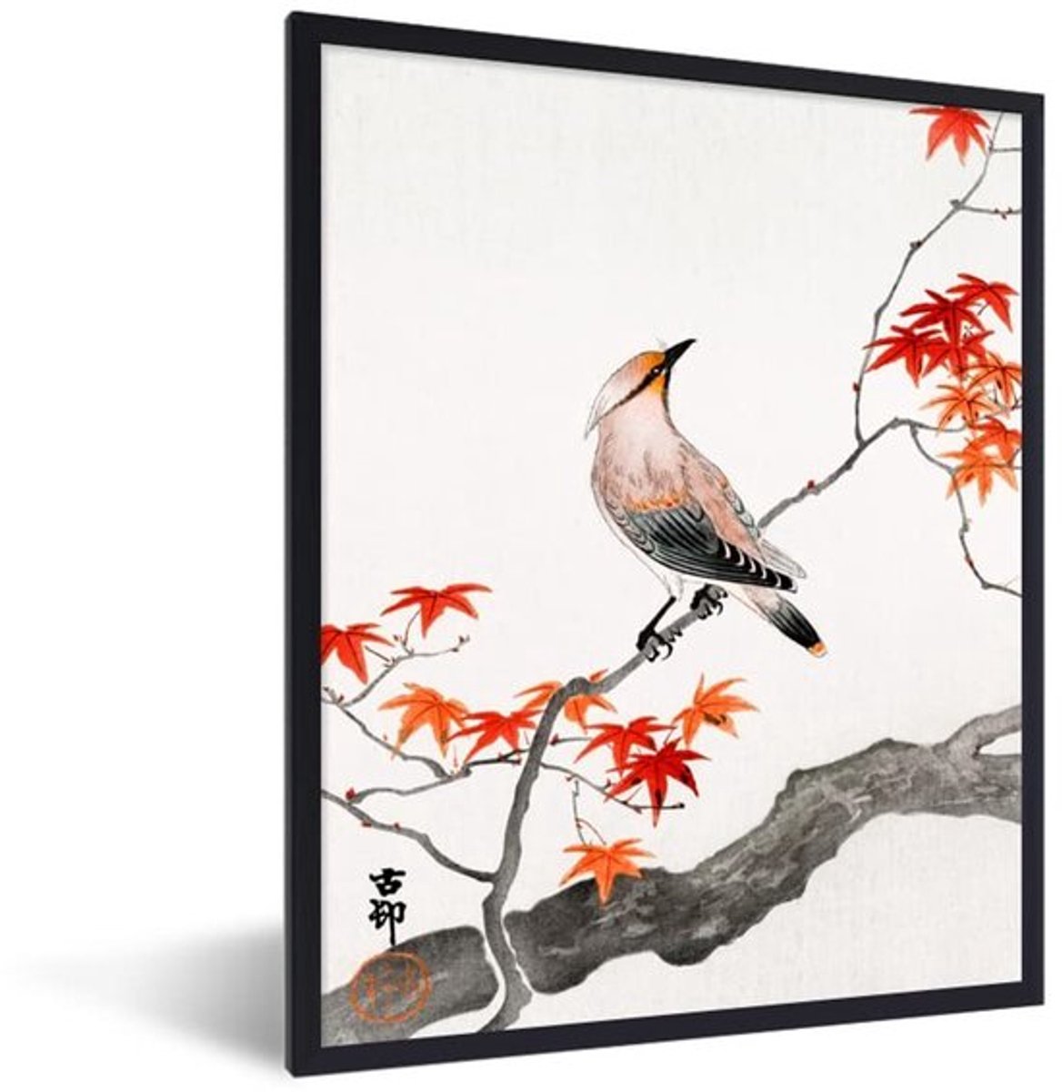 Poster Vintage 30x40 cm - Wanddecoratie - Japanse Esdoorn - Vogel - Zwarte Lijst - Hoogwaardige Fotopapier
