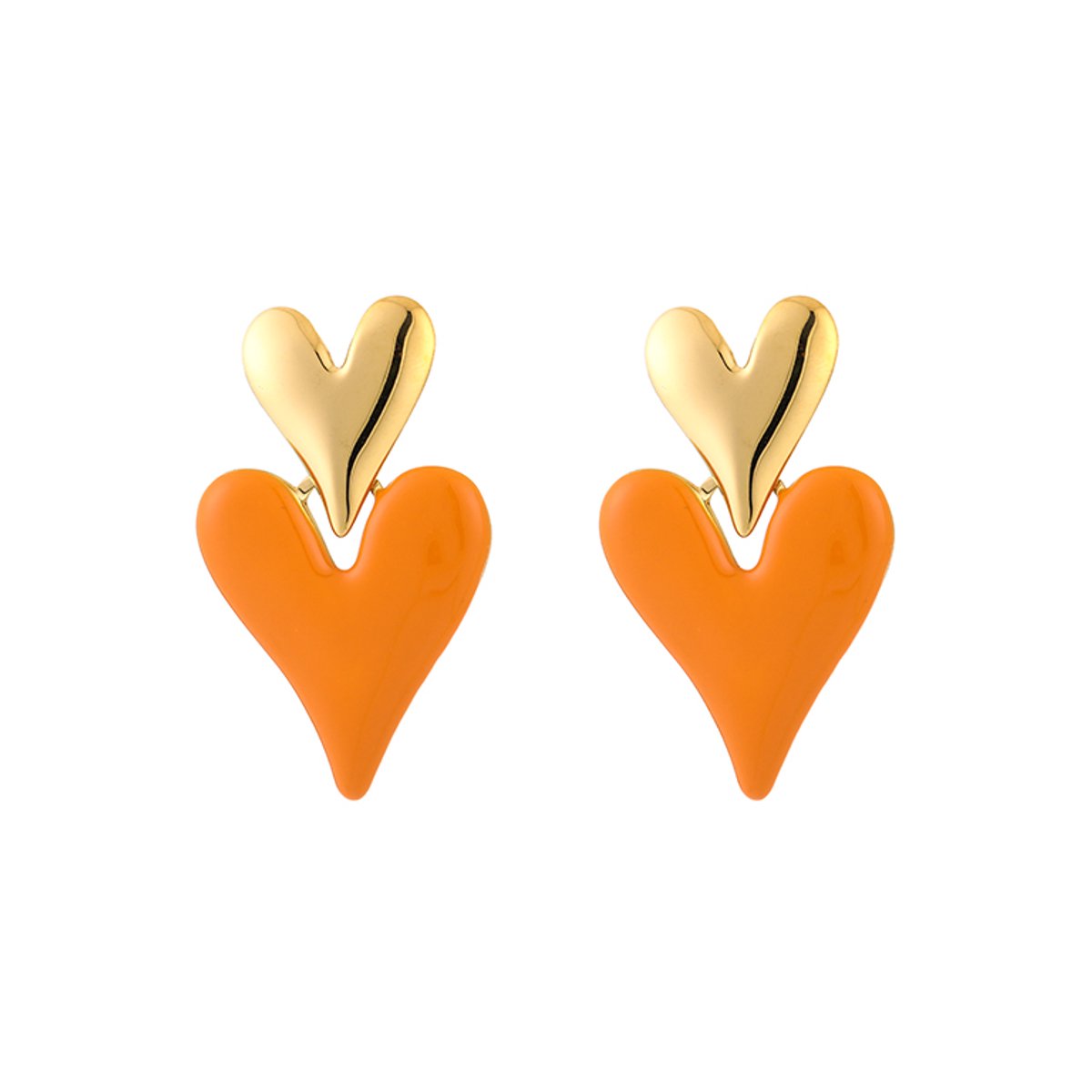 Stainless Steel Gelaagde Emaille Hart Oorhangers – Trendy Statement Oorbellen – RVS - Goud/Oranje