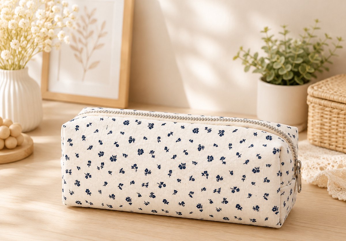 Etui met ritssluiting, schoolkantoor etui met bloemenpatroon, meisjes cosmeticatas en portemonnee, Beige