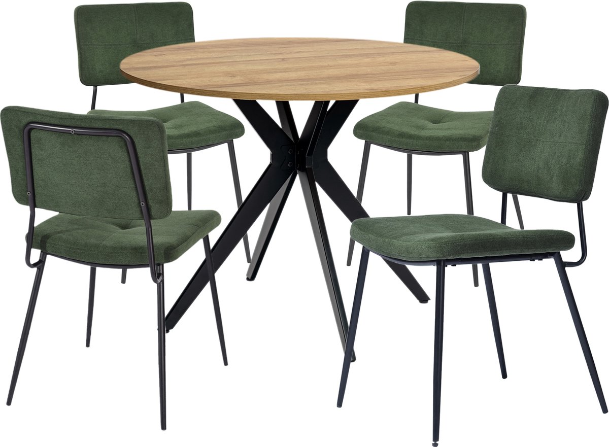 Eethoek - Ronde Houtlook Tafel Met 4 Industriële Stoelen - Groen