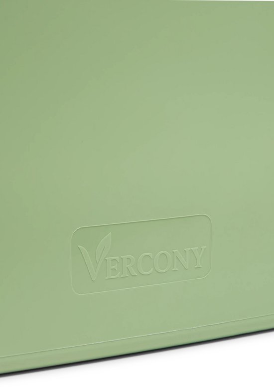 Close-up van de zijkant van een lichtgroene plantenbak met het Vercony logo in reliëf.