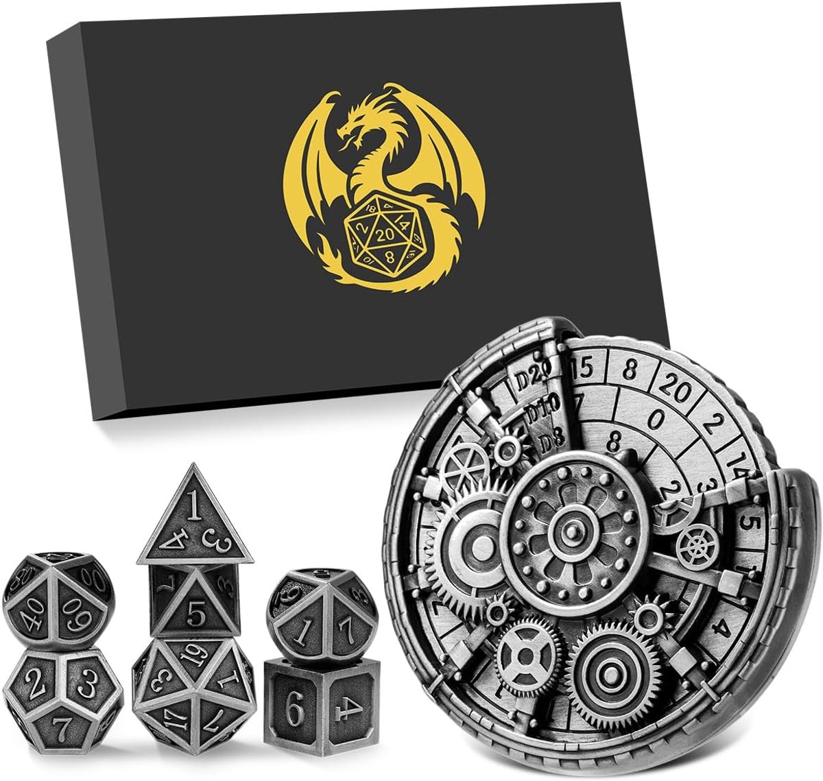 SnelShoppen - DND Metalen Dobbelstenen Set 7-in-1 Gear Wheel Spinner + 7 Stuks Polyhedrale Metalen DND Dobbelstenen met Draak Logo Cadeaubox voor Tafe