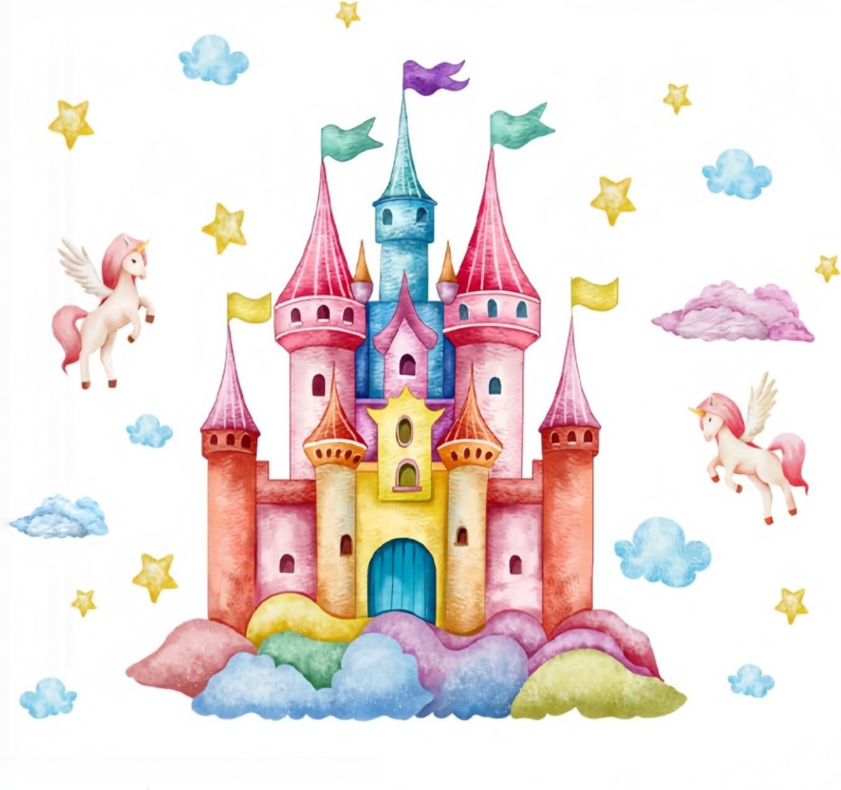SnelShoppen - Kasteel Muurstickers voor Meisjes Slaapkamer - Sterren, Wolken en Eenhoorns - Pel-en-Plak Stickers voor Baby- en Peuter-kamer Decoratie