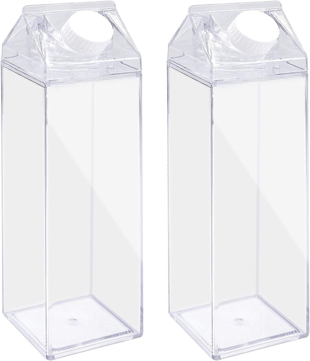 SnelShoppen - Pack van 2 Transparante Melkdozen, Herbruikbare Waterflessen met DIY Decoratiestickers, Kawaii Waterfles voor Kinderen, Perfect voor Fee