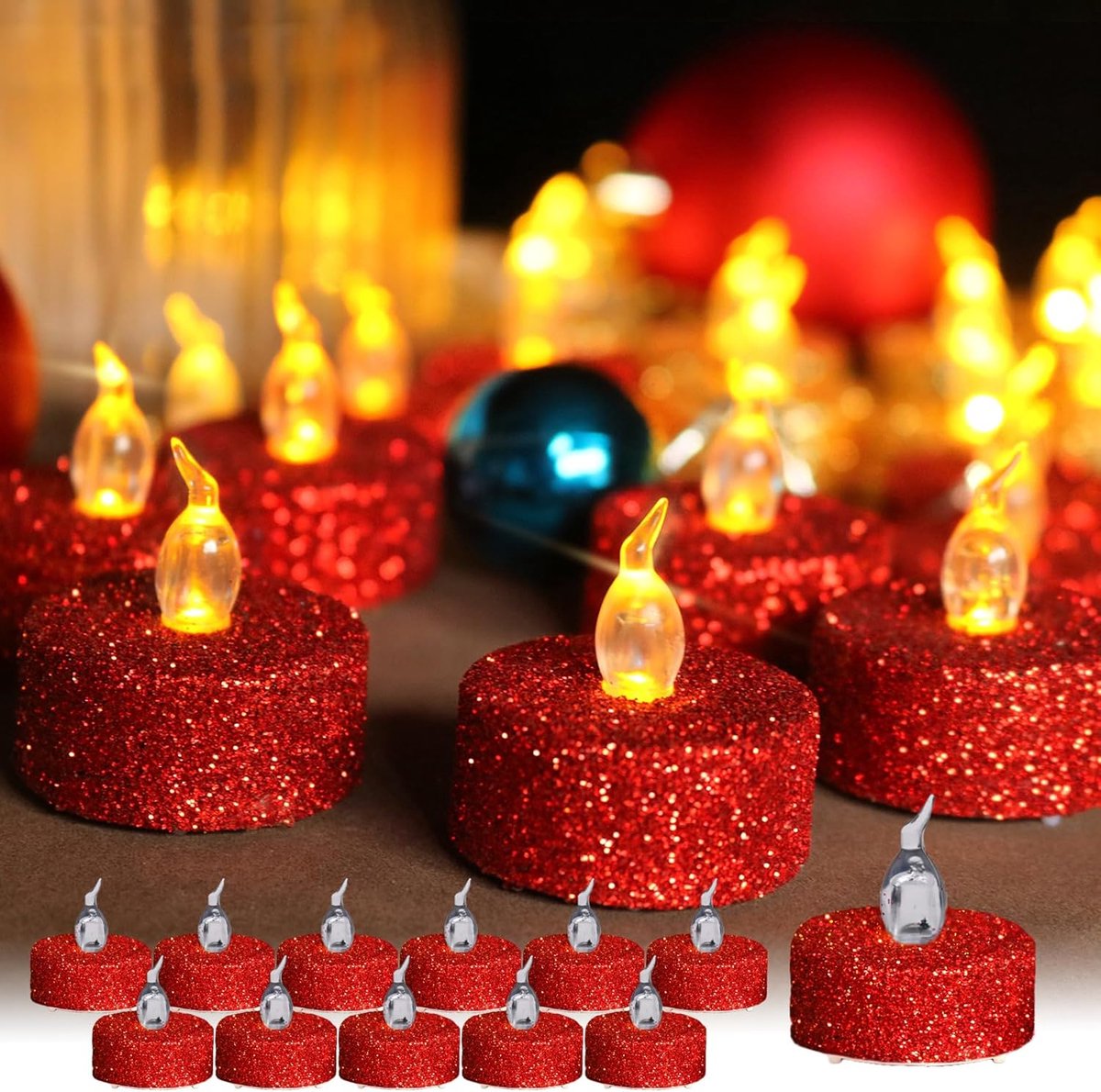 SnelShoppen - 12pcs Flameless LED Theelichten, Vlamloze Kaarsen met Flickering Effect, Inclusief Batterijen, Rood Glitter voor Bruiloft, Verjaardag, E