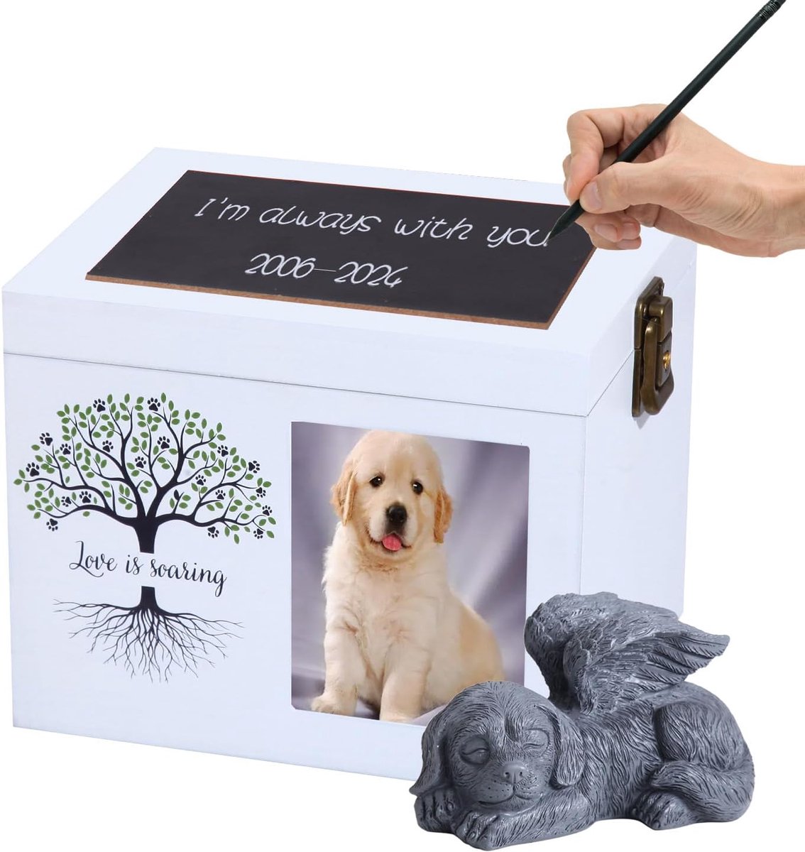 SnelShoppen - Extra Grote Houten Huisdieren Urn voor Honden en Katten met Foto Lijst, Herinneringsgift met Zwarte Flanellen Voering, Troostcadeau voor