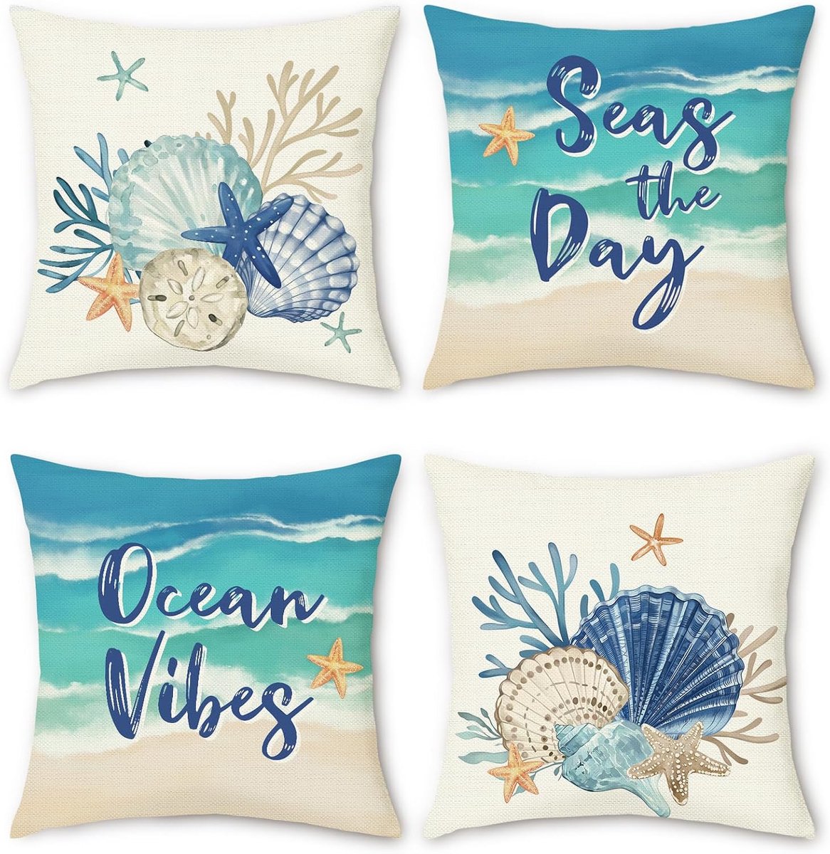 SnelShoppen - Set van 4 Kussenslopen 45x45 cm, Decoratief, Schelpen en Koraal, Polyester en Linnen, Zomer en Strand, Sierkussens voor Woonkamer en Ban
