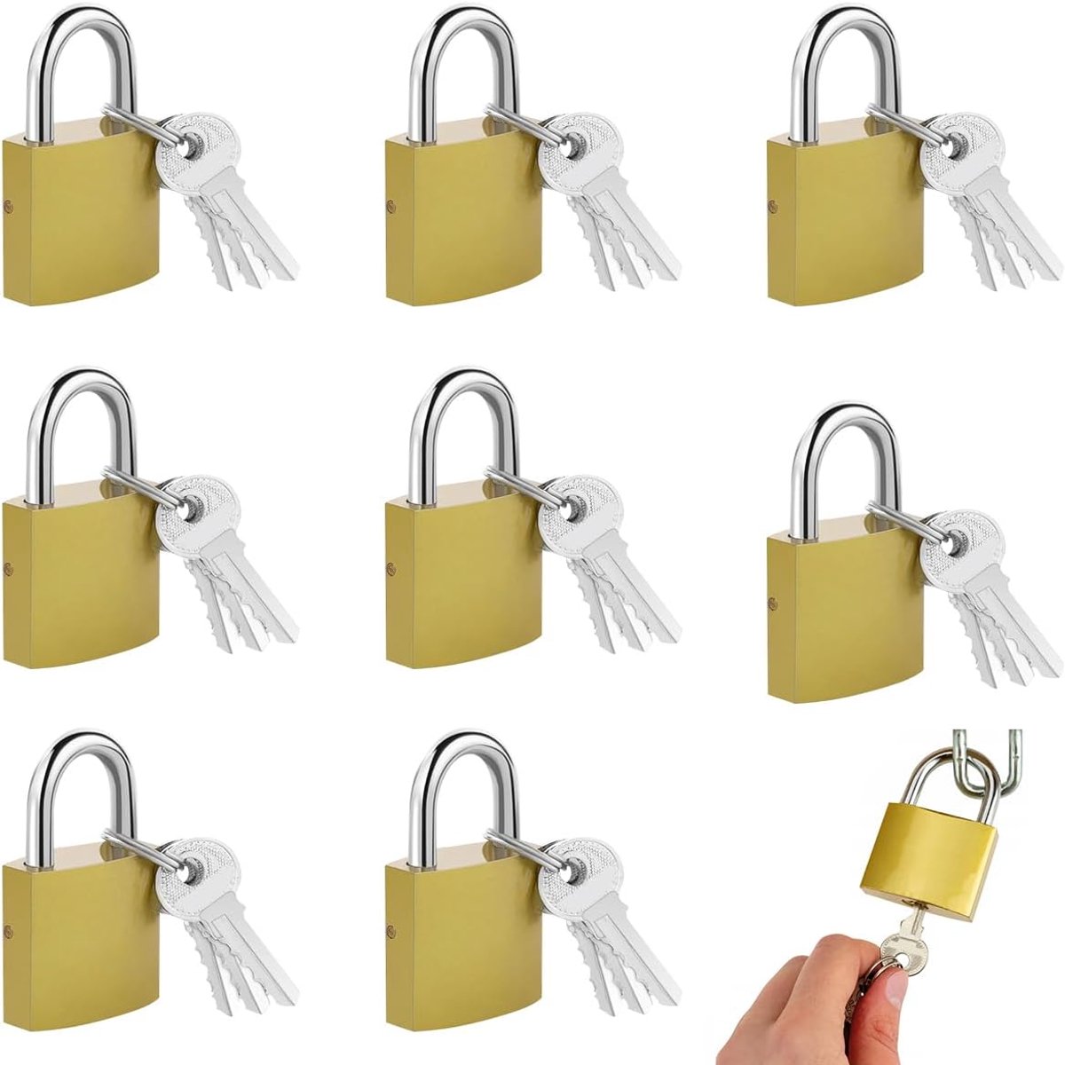 SnelShoppen - 8 Hangsloten Kluisjes met Sleutelset, 30 mm, Klein Weerbestendig Slot voor Koffers, Kasten, Fitnesskluisjes, Gereedschapskisten, Goud, N