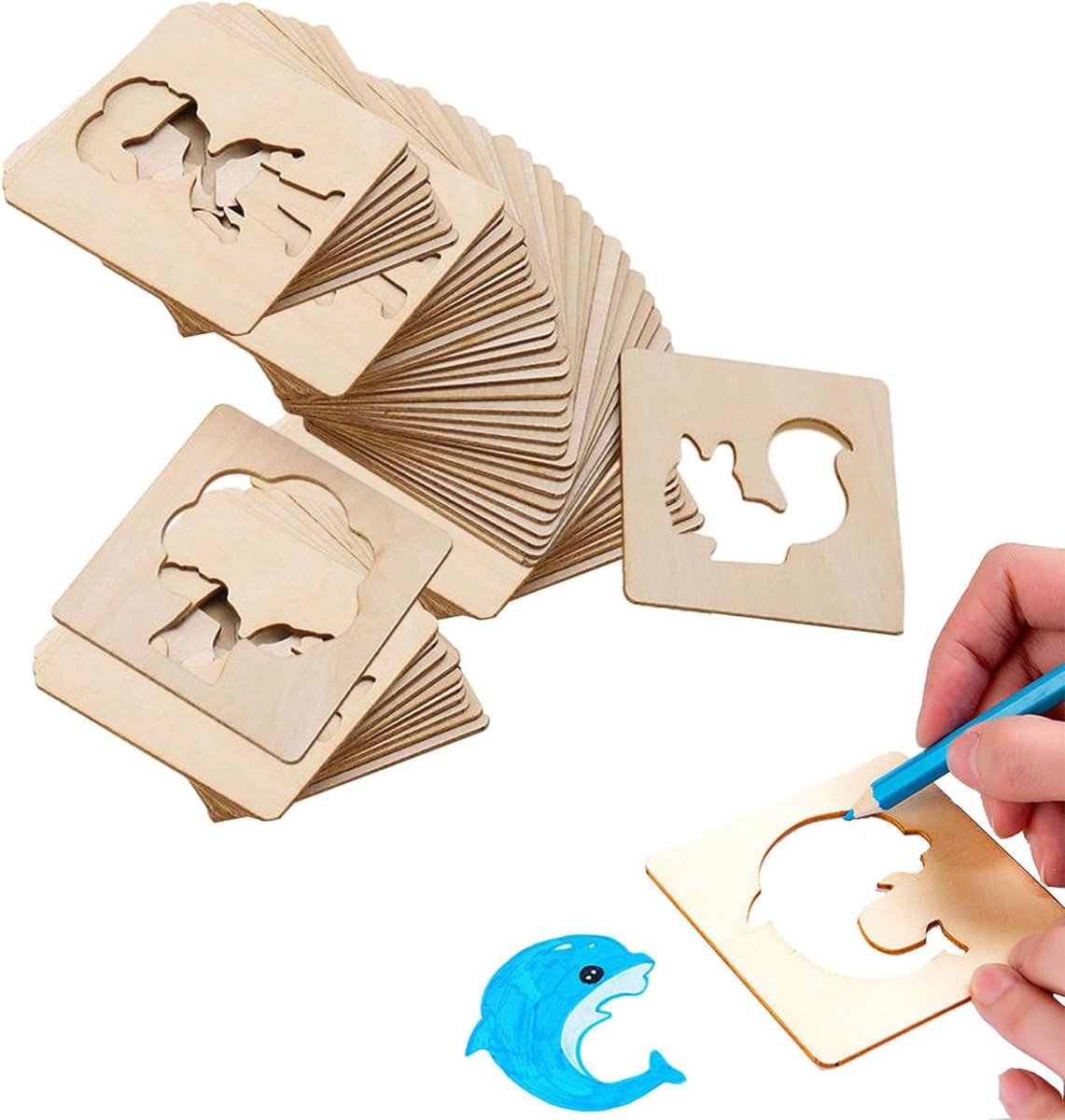 SnelShoppen - 60 Stuks Houten Tekentemplates voor Kinderen, Educatieve DIY Tekenmalen, Creatieve Schablonen voor Peuters en Kleuters, Perfect voor Kun