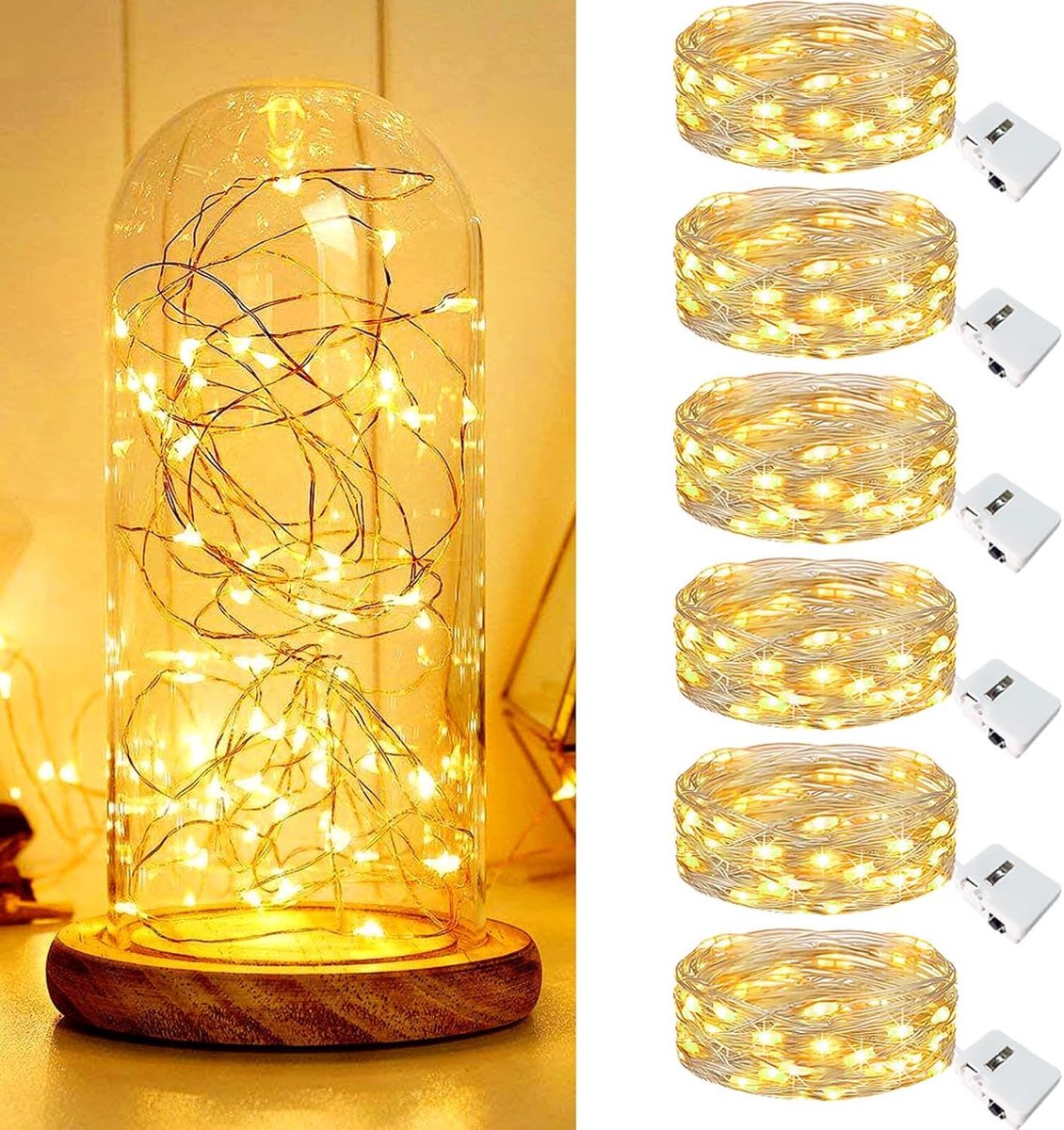 SnelShoppen - Pack van 6 LED Mini Fairy Lights met Batterij, Waterdichte LED Sfeerverlichting voor Binnen en Buiten, 20 Micro LED's per Licht, Warm Wi