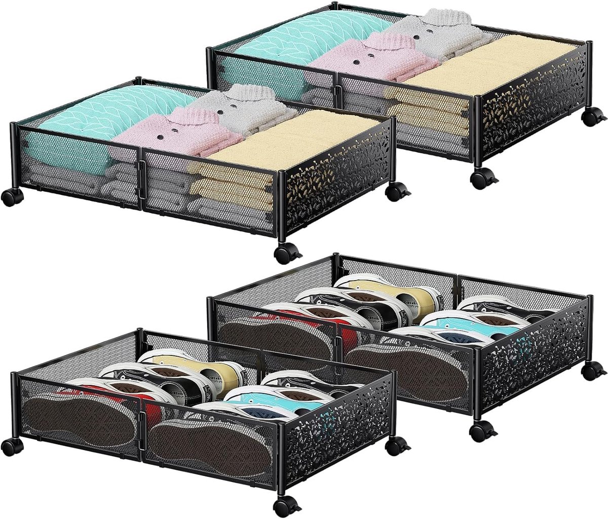 SnelShoppen - Onderbed opslag met wielen, metaal onderbed opbergcontainers voor schoenen & kleding, gereedschapsvrije montage, 2 stuks