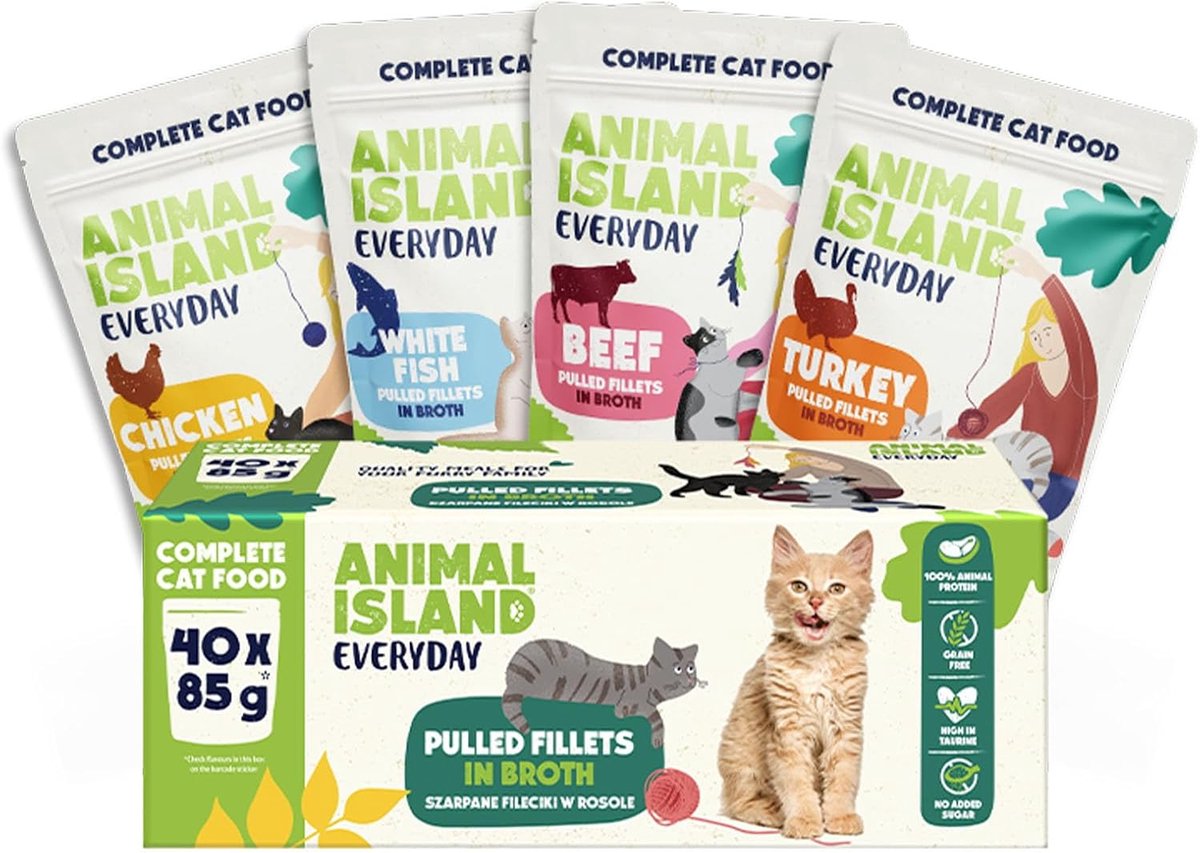 SnelShoppen - Wet kattenvoer adult mix smaken set met soeplepels, kalkoen, witte vis, kip, rundvlees, graanvrij, suikervrij, multipack zakjes 40 x 85g