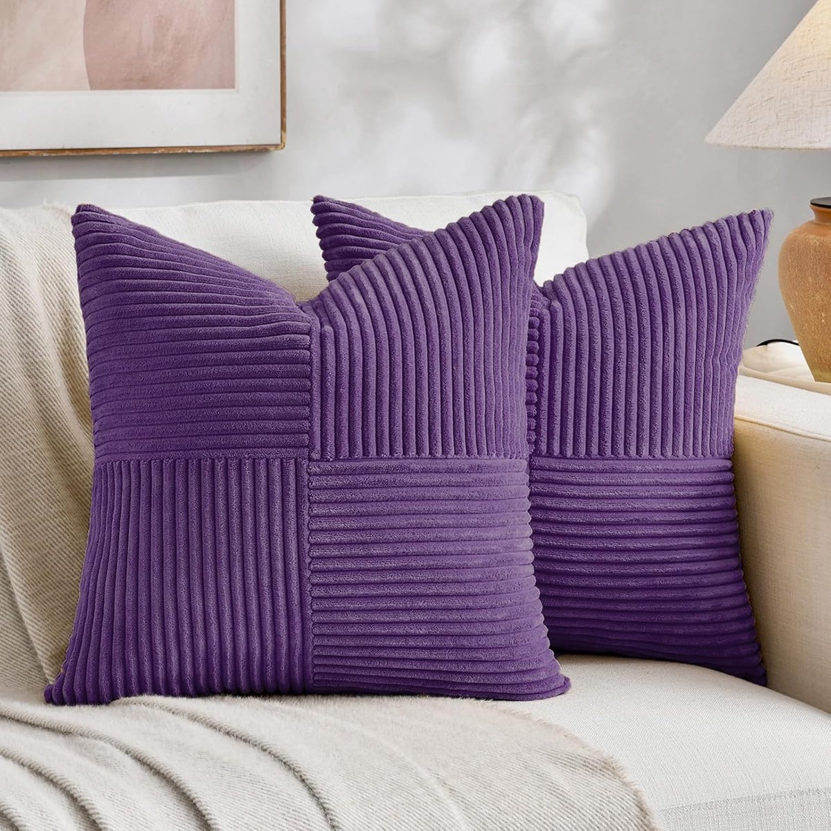 SnelShoppen - Set van 2 Boho Kussenhoezen 30x30 cm, Corduroy Modern Zachte Kussens met Kruispatroon voor Sofa en Slaapkamer in Paars - Decoratieve Kus