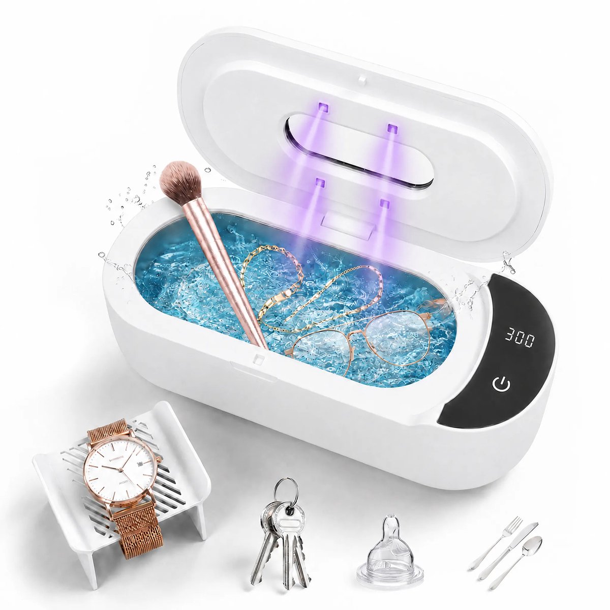 Ultrasoon Reiniger met UV Lamp - 48kHz Ultrasone Reiniger voor Sieraden, Kunstgebit, Brillen, Horlogebanden - 400ml RVS Ultrasoon Bad - Wit