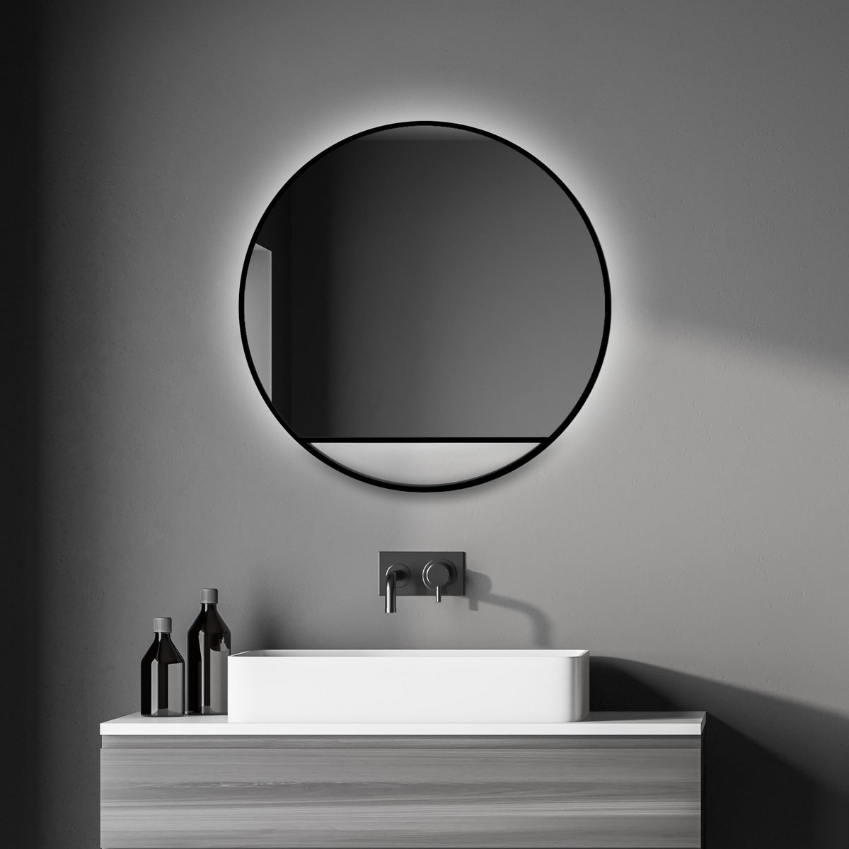 SnelShoppen - TALOS Decoratieve Wandspiegel met Indirecte LED-Verlichting Ø 60 cm in Mat Zwart - Moderne Spiegels voor Woonkamer, Slaapkamer, Hal en B