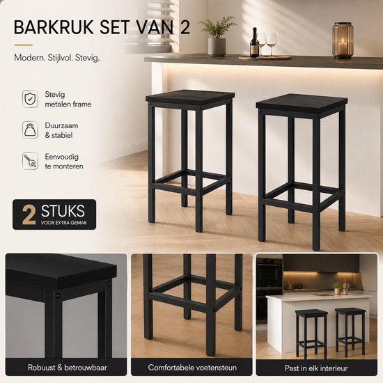 Set van 2 moderne, stevige zwarte barkrukken met metalen frame, naast elkaar.