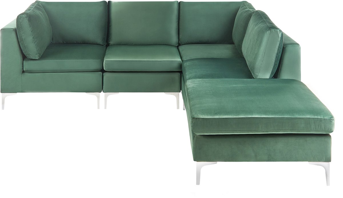 Beliani EVJA - Hoekbank met ottomaan - Groen - Linkerzijde - 235 cm - Fluweel