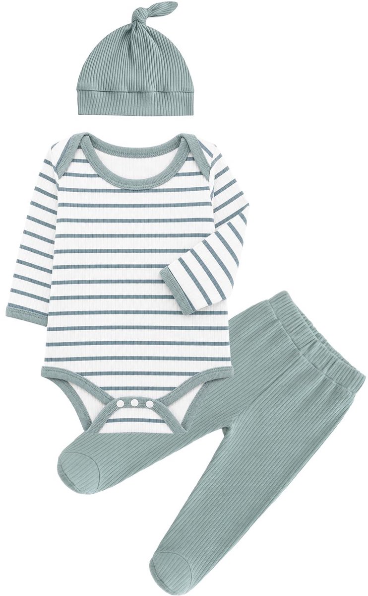 SnelShoppen - Gestreepte Baby Romper Kleding Set Jongens 0-18 Maanden - Katoenen Body, Lange Mouwen Top, Broek en Muts in Blauw voor Peuters & Pasgebo