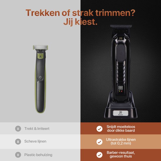 Vergelijking: groene trimmer trekt, scheve lijnen, plastic vs. zwarte trimmer met standaard, strakke lijnen.