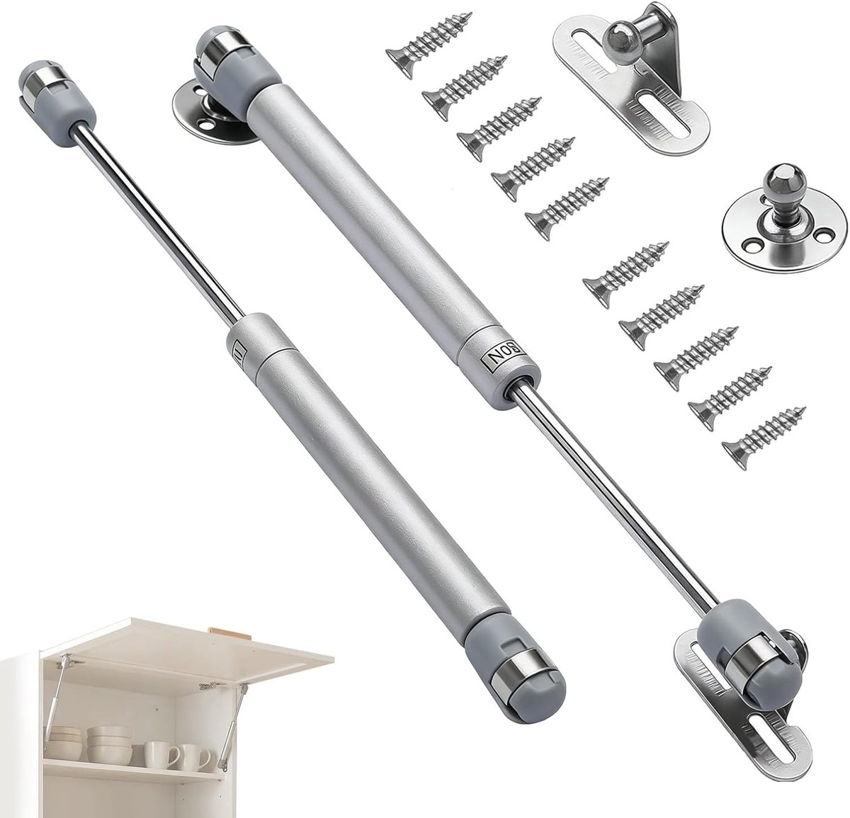 100 N gasveren met schroeven en softclose-scharnieren voor keukenkasten en zware deksels, 2 stuks, zilver, ideaal voor speelgoedkasten en hefhouders