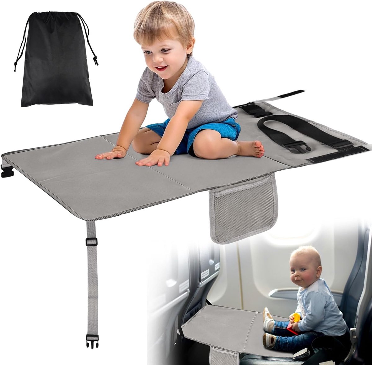 SnelShoppen - Aircraft Seat Extension voor Kinderen, Draagbare Stoelverlenging voor Vliegtuig, Auto en Trein, Compact en Veilig - Grijs