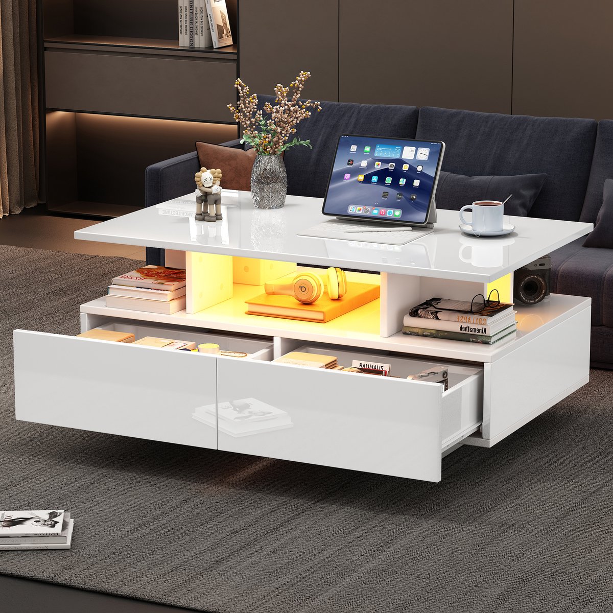 COVREO Salontafel 90x55x41 cm wit spaanplaat met 2 lades en LED-verlichting