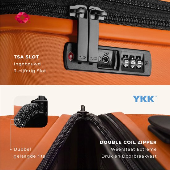 Detail van een oranje koffer met TSA cijferslot en YKK dubbel gelaagde rits.