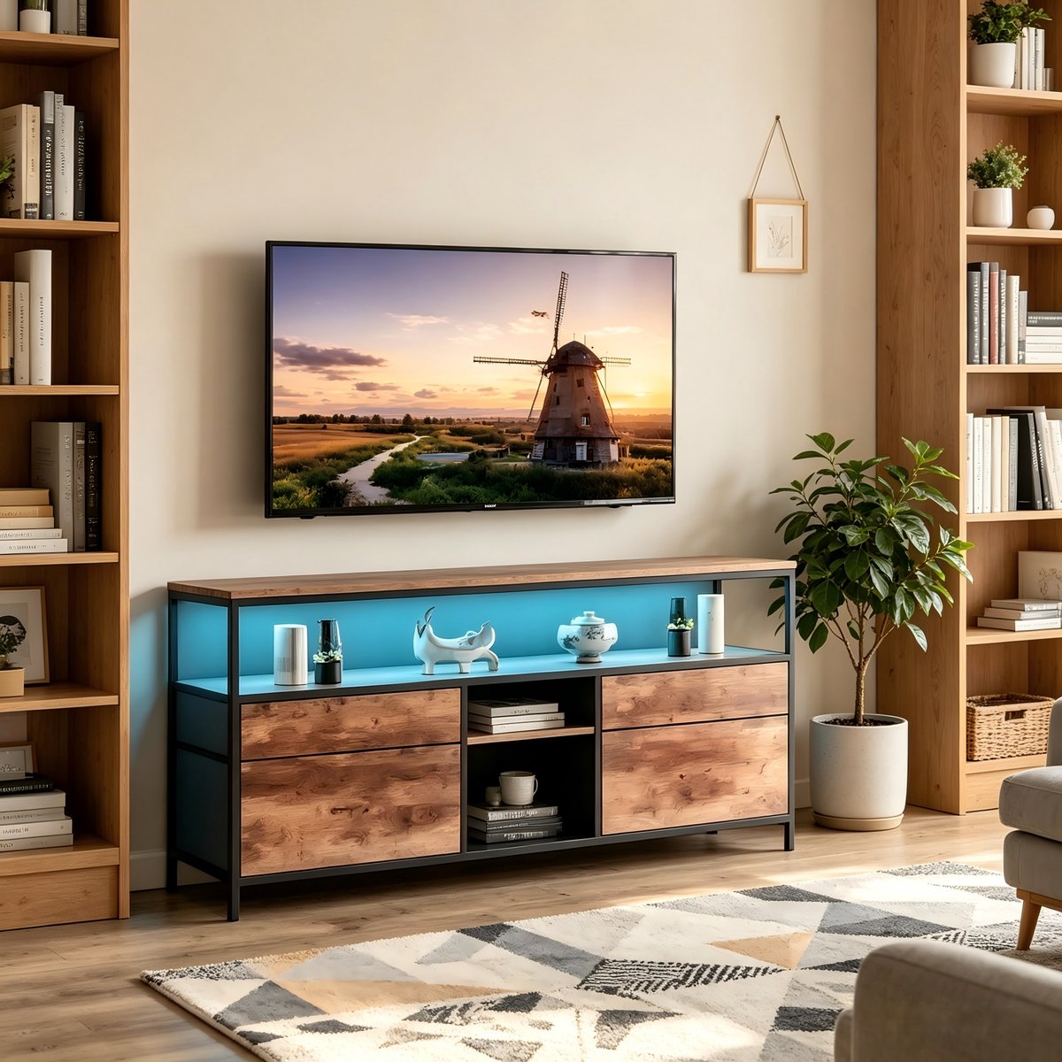 TV Meubel met LED Verlichting, Vintage TV Kast met Smart RGB Verlichting, Industrieel Design, Lage Kast voor Woonkamer, 108/137x30x57 cm