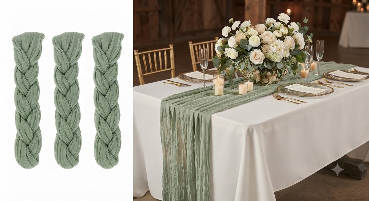 Livatto 3 stuks kaasdoek tafelloper saliegroen 300x90 cm doorschijnend boho tafelvlag voor bruiloft diner decoratie